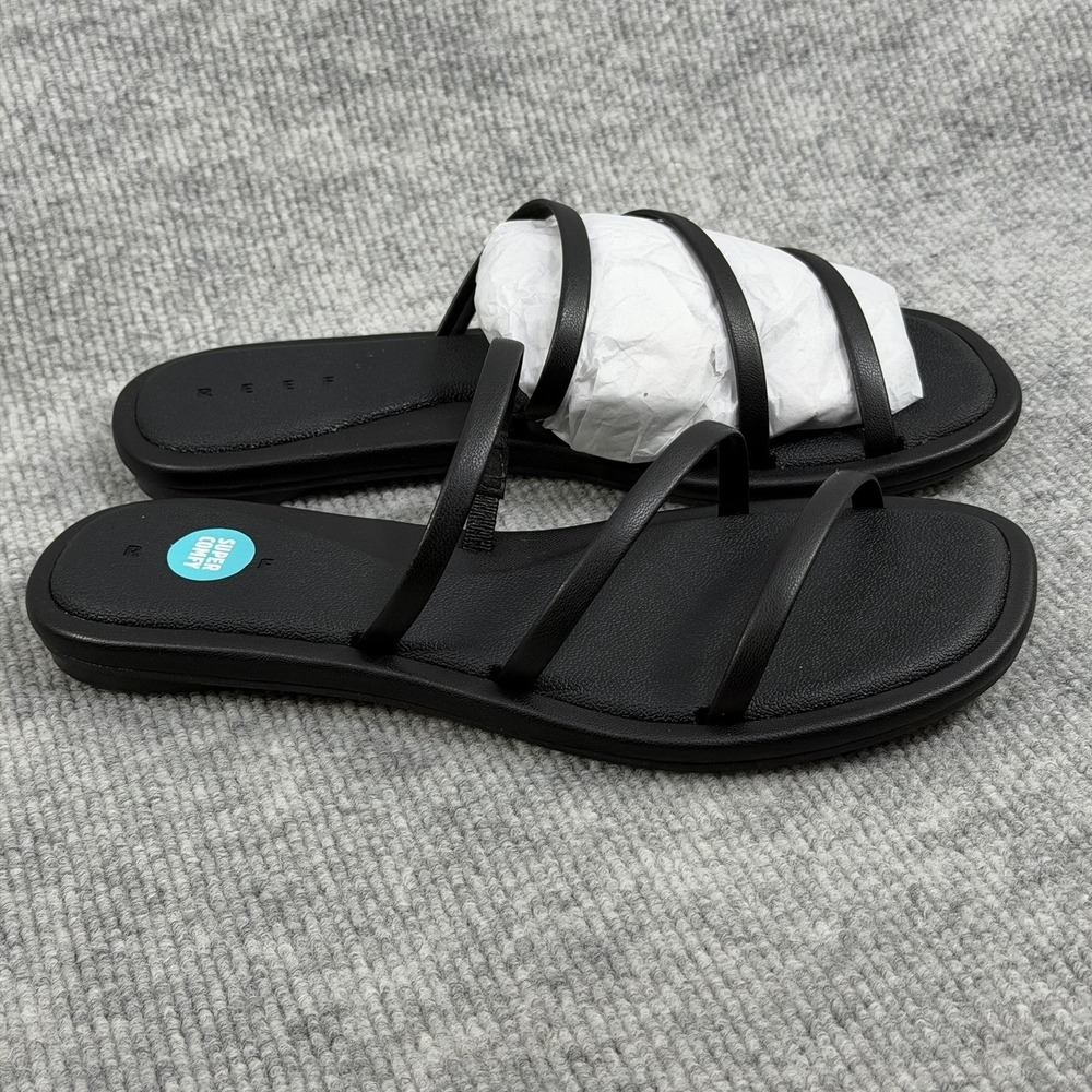 Reef Size-7 Women Willow Ava Triple Thin Strap Slip On Slide Sandals Black